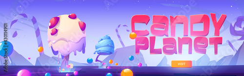Candy planet poster with fantasy landscape with unusual trees from caramel, candy canes and lollipop. Invitation flyer to sweet store or restaurant. Vector cartoon banner of arcade game