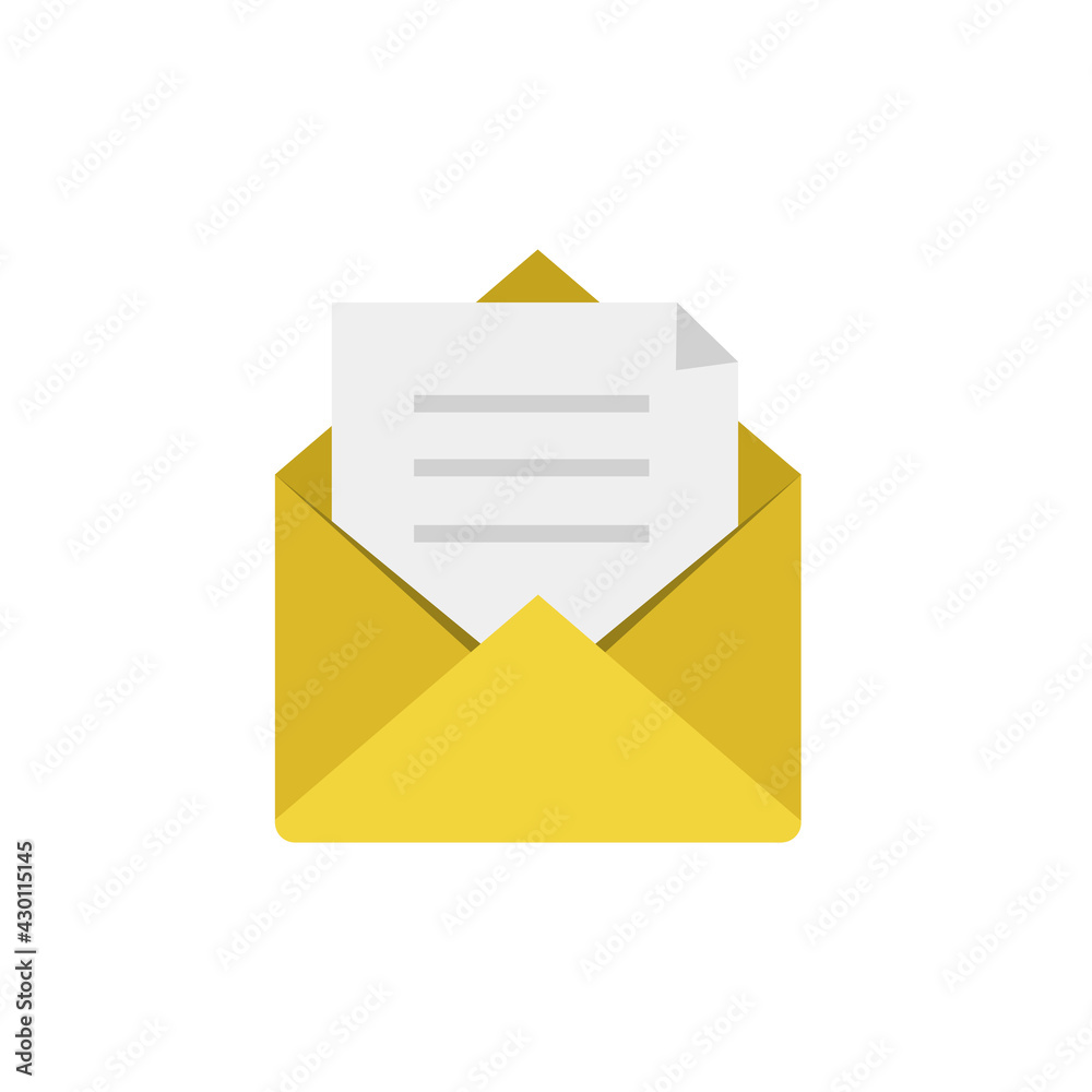 Vector mail icon. Message coming. Opened yellow envelope and sheet of paper isolated on white background	