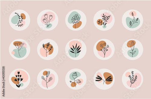 Vector set of abstract floral compositions. Boho, nature story templates - social net higlights, logos. Fluid organic shapes, neutral colors. Bohemian leaf prints photo