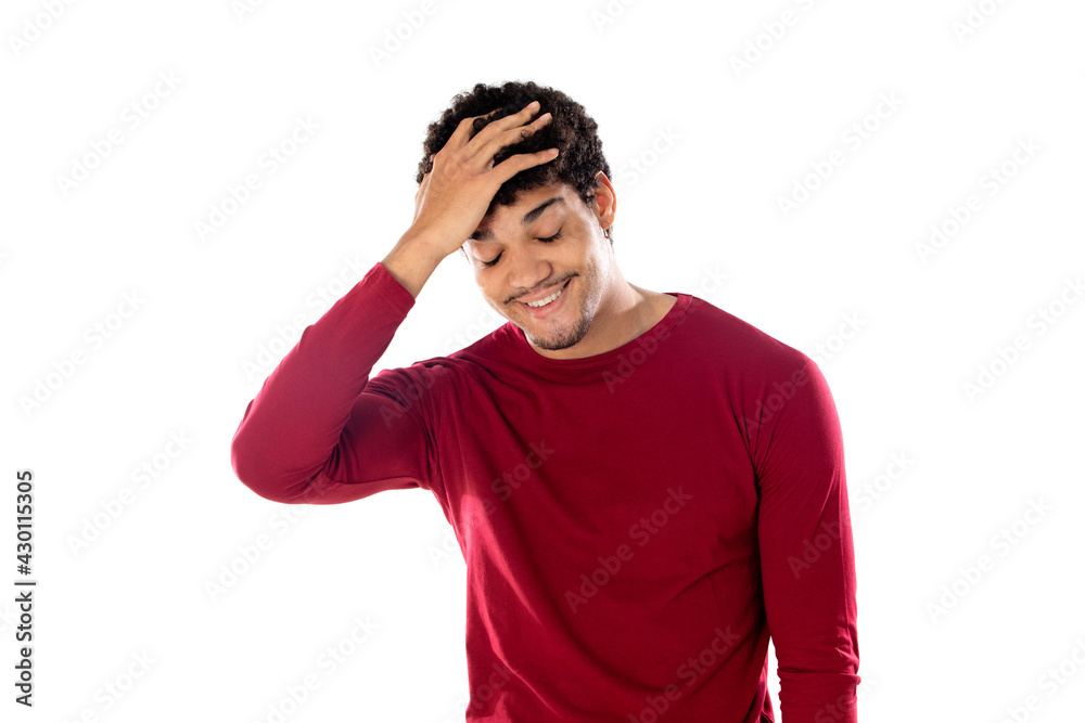 Cute african american man with afro hairstyle wearing a burgundy T-shirt Cute african american man with afro hairstyle wearing a burgundy T-shirt