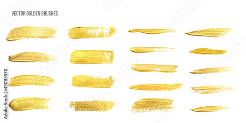 Golden brush pattern set on white background. Gold smudged and smeared brushstrokes texture various shapes vector illustration. Shiny design in grunge ink style collection