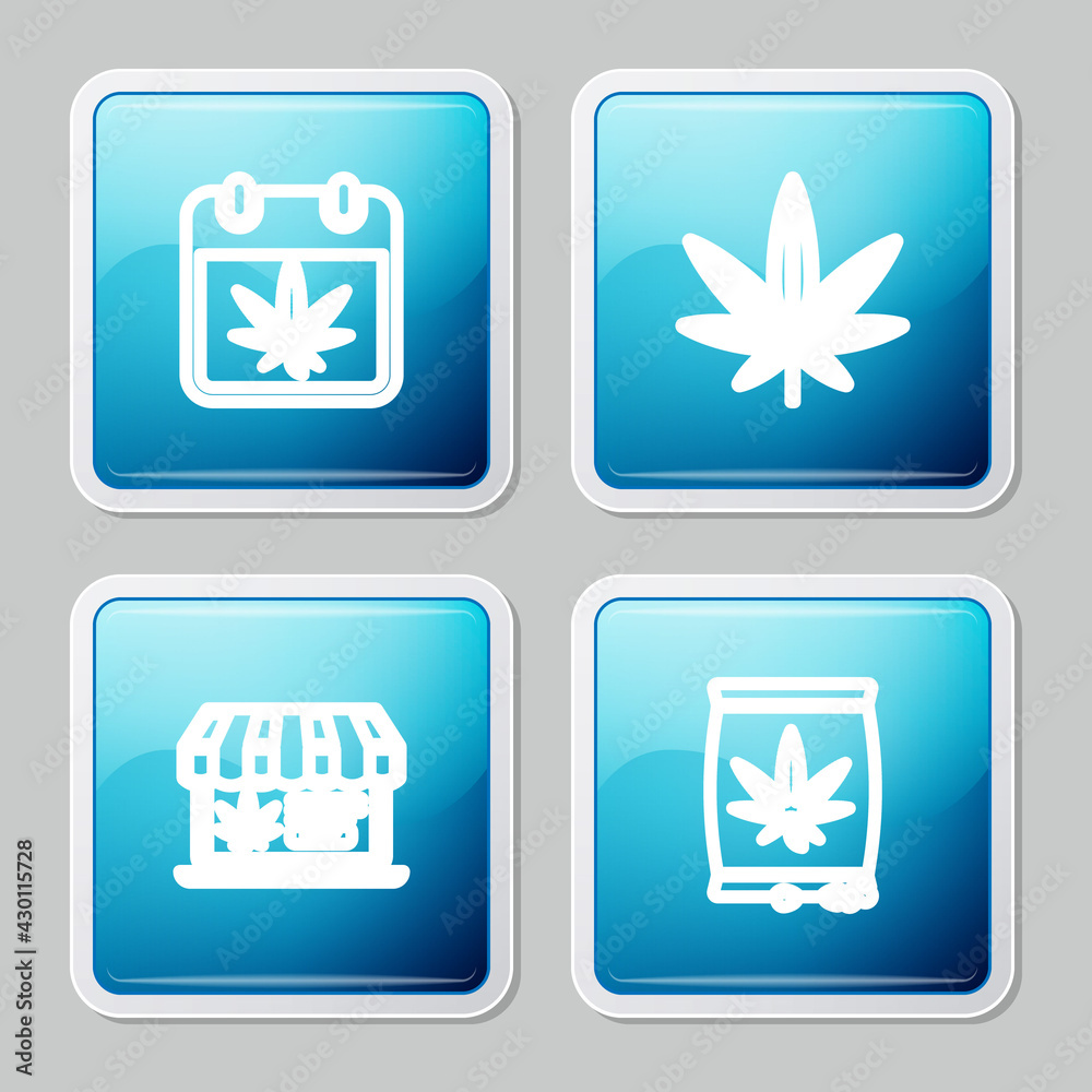 Set line Calendar and marijuana, Marijuana or cannabis leaf, Online buying and seeds icon. Vector