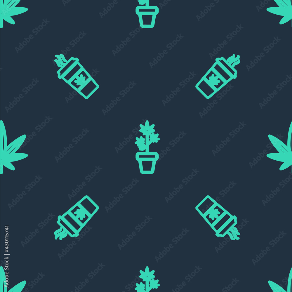 Set line Marijuana plant in pot, Cup coffee with marijuana and or cannabis leaf on seamless pattern. Vector Set line Marijuana plant in pot, Cup coffee with marijuana and or cannabis leaf on seamless pattern. Vector