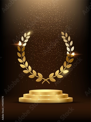 Golden podium with laurel glowing. Gold stage with glitter and light fog on dark background. Hollywood fame in film and cinema or championship in sport vector illustration