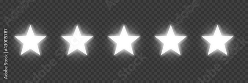 Five silver award stars on transparent background. White neon prize elements. Champion glory in competition vector illustration. Hollywood fame in film and cinema or championship in sport