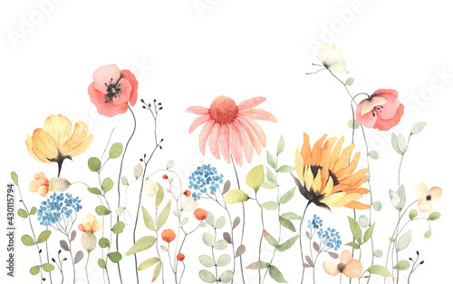 Summer banner with colorful wildflowers and abstract green plants, isolated watercolor illustration for card, border, wallpaper, poster or template your design.