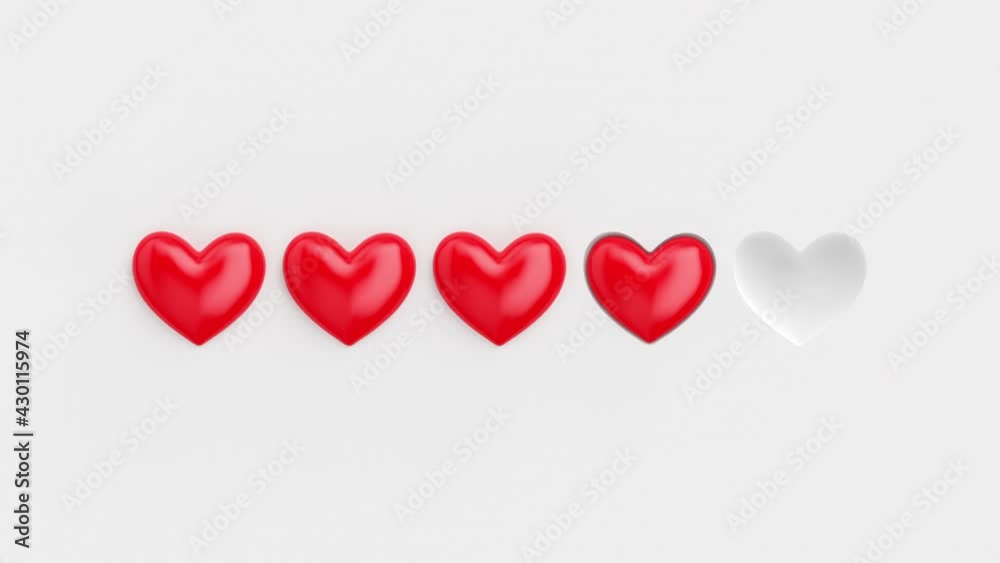 Five hearts rating animation, on a white background. 3D animation with two masks Five hearts rating animation, on a white background. 3D animation with two masks