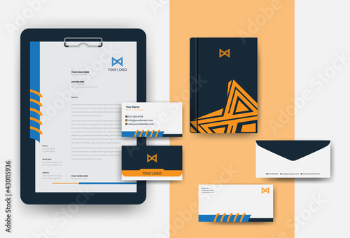 Corporate Brand Identity Mockup set with digital elements. Classic full stationery template design. Editable vector illustration. Letterhead, business card, envelop, Paper Clipboard Hardboard set.