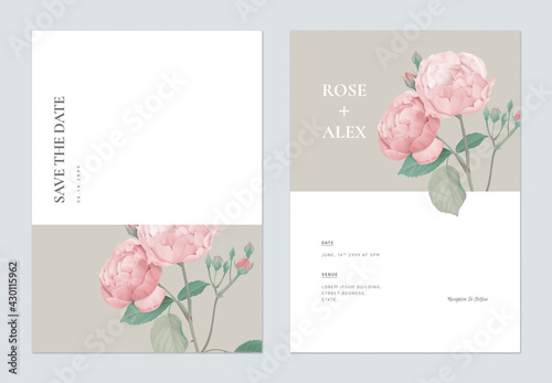 Floral wedding invitation card template design, pink rose with leaves