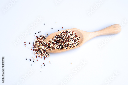 quinoa Red, white and brown quinoa.On a white background. Top view. Free copy space.