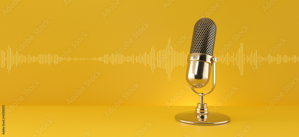 Gold microphone and sound wave on yellow background. - obrazy, fototapety, plakaty 