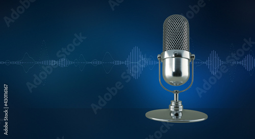 Microphone and sound wave on blue background.