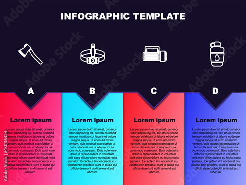 Set line Wooden axe, Head flashlight, Flashlight and Canteen water bottle. Business infographic template. Vector