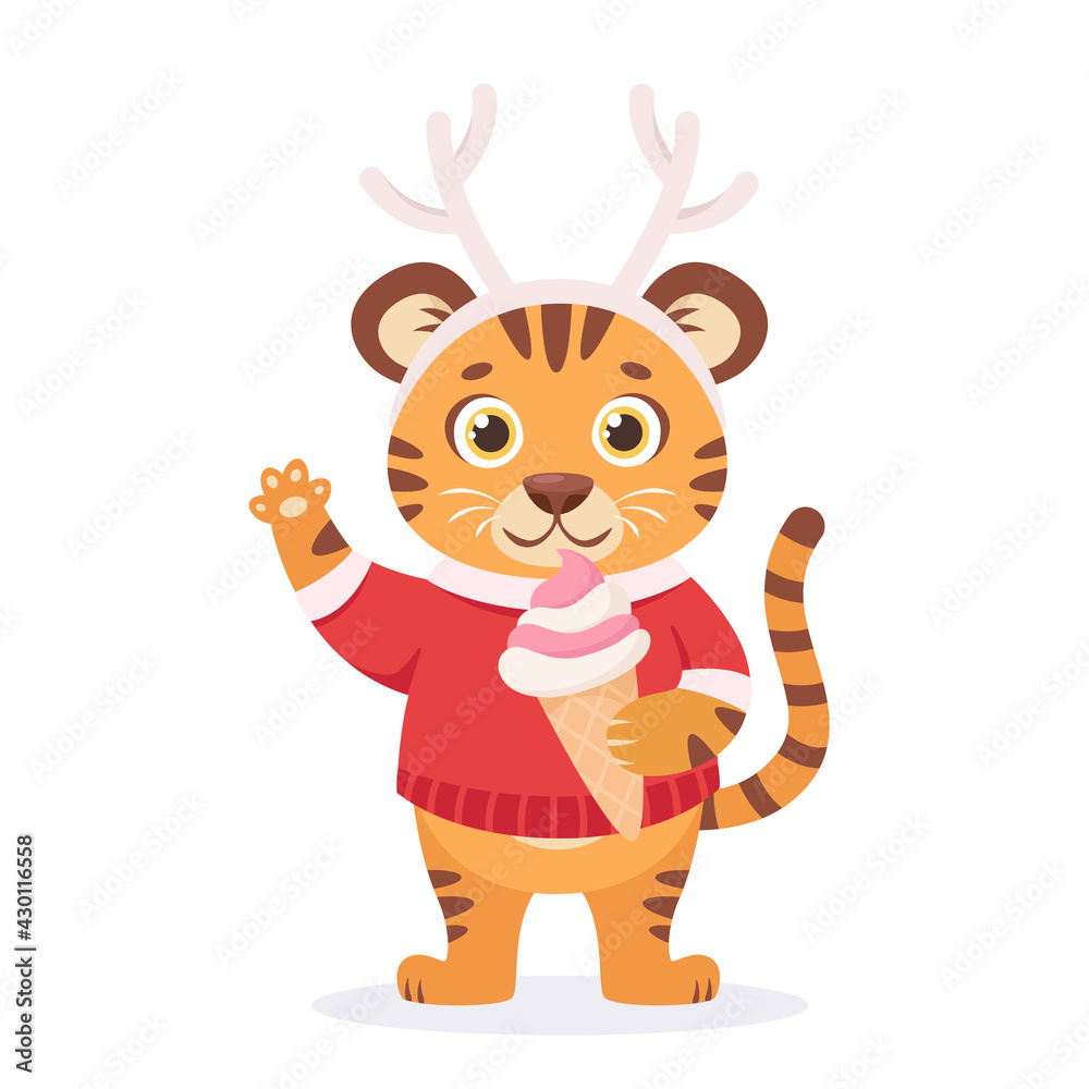 Fototapeta premium Cute tiger in a sweter with ice cream. Year of the tiger. Vector illustration