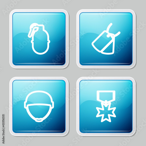 Set line Hand grenade, Military dog tags, helmet and reward medal icon. Vector