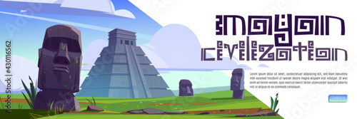 Mayan civilization cartoon web banner. Ancient pyramids of maya and moai statues on Easter island. South american landmarks Chichen Itza and Kukulkan temples with stone sculptures, vector illustration