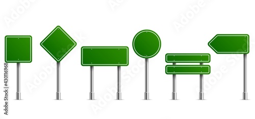Road signs green. Square round and horizontal city signboard collection, empty warning and forbidden urban metal direction information boards template vector isolated realistic set
