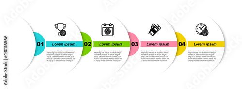 Set line Award cup with basketball ball, Basketball on sport calendar, game ticket and Clock. Business infographic template. Vector