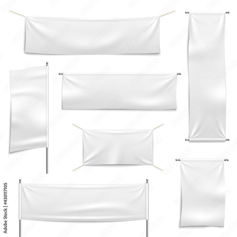 Textile advertising banners. White empty hanging banner collection