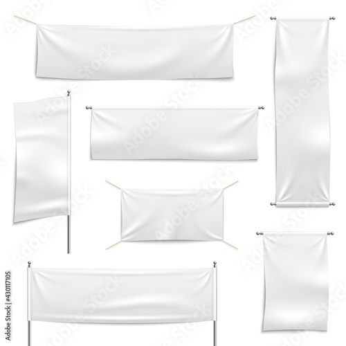 Textile advertising banners. White empty hanging banner collection, realistic flags on chrome stand, blank fabric horizontal and vertical fabric signs, ribbons vector isolated set