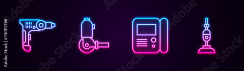 Set line Electric drill machine, Angle grinder, House intercom system and Vacuum cleaner. Glowing neon icon. Vector