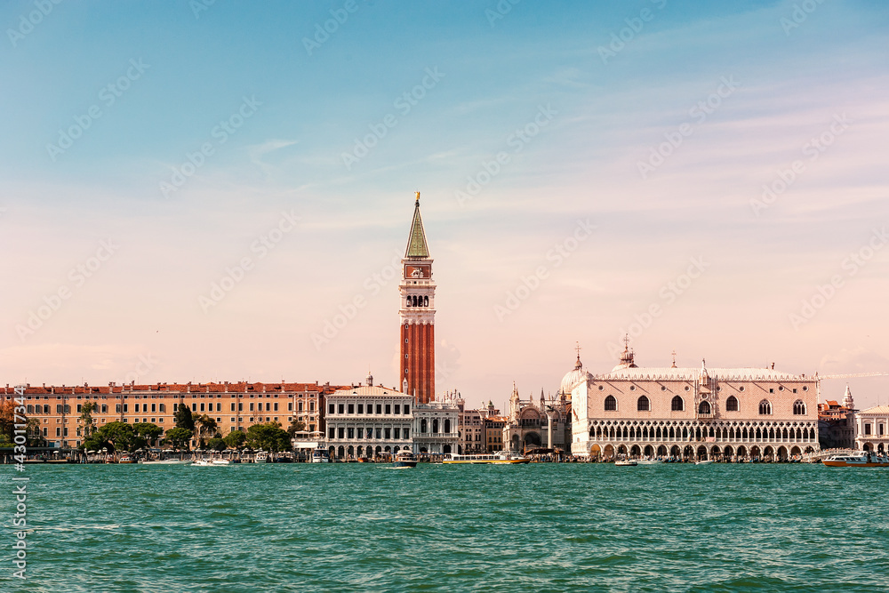 Sea view from Piazza San Marco in Venice, with the bell tower of St. Mark in the background. Venetian lagoon with the Basilica of Santa Maria della Salute, the entrance to the Grand Canal
