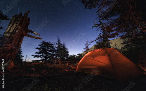 Camp under star sky among cedar trees,Tahtalı Mountain Range