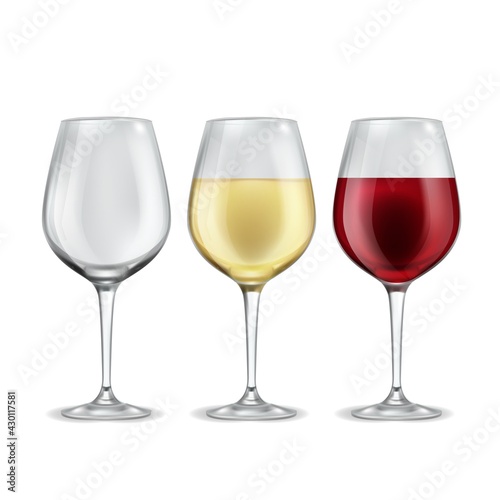 Wine glass. Empty with red or white grape beverage glasses, half filled alcoholic drink in elegant transparent wineglass. Realistic winery collection, 3d vector isolated illustration