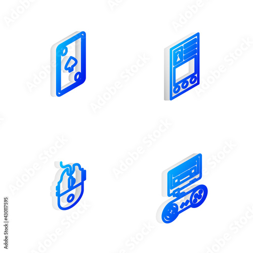 Set Isometric line Create account screen, Playing card with diamonds, Computer mouse gaming and Game console joystick icon. Vector