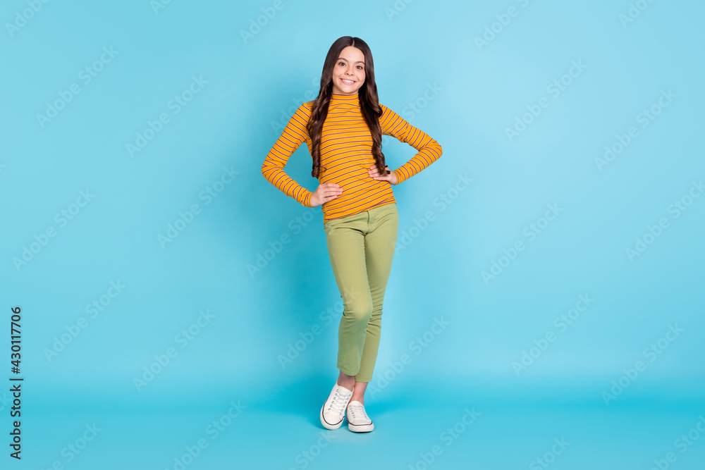 Fototapeta premium Full size photo of adorable satisfied school person standing put hands on waist isolated on blue color background
