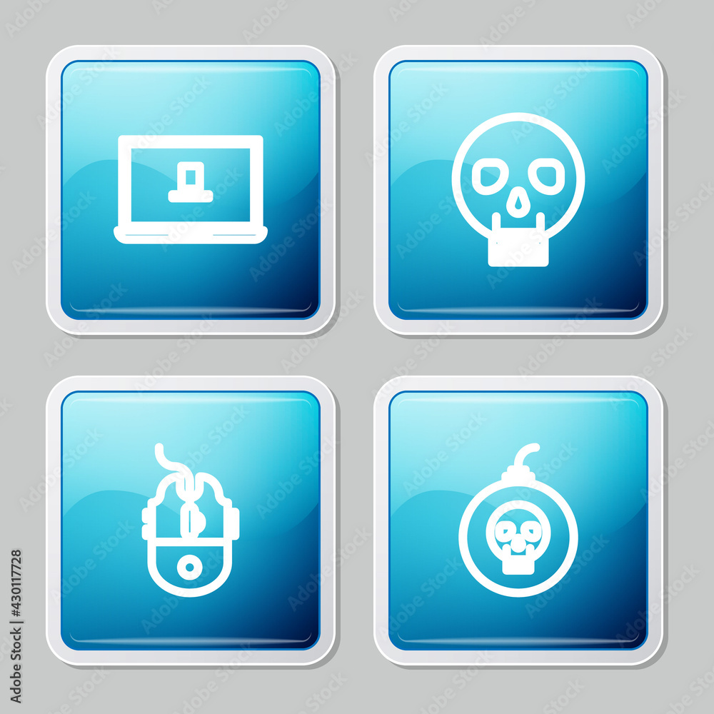 Set line Laptop, Skull, Computer mouse gaming and Bomb ready explode icon. Vector