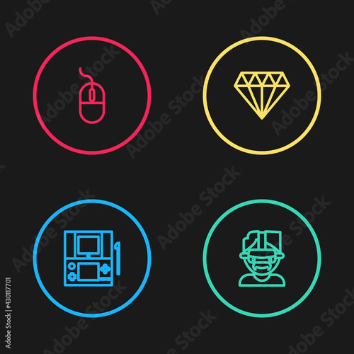 Set line Portable video game console, Virtual reality glasses, Diamond and Computer mouse icon. Vector