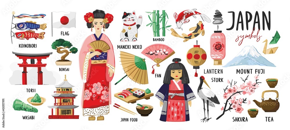 Big set of decorative symbols of culture, art, traditions, history, nature of Japan. Traditional Japanese elements for decoration of souvenirs, promo goods, tourist guides, maps. Vector illustration.