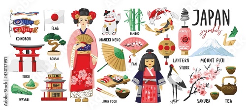 Big set of decorative symbols of culture, art, traditions, history, nature of Japan. Traditional Japanese elements for decoration of souvenirs, promo goods, tourist guides, maps. Vector illustration.