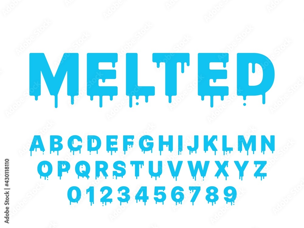 Melting font. Blue liquid, flowing english alphabet with drops and drips, thawing latin letters and numbers, fluid typography, fused deformation, topping lettering vector flat isolated set