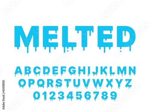 Melting font. Blue liquid, flowing english alphabet with drops and drips, thawing latin letters and numbers, fluid typography, fused deformation, topping lettering vector flat isolated set