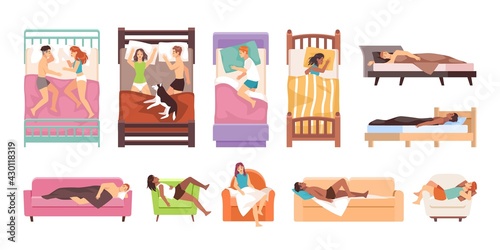 Sleeping people. Happy women and men lying on beds, sofas and armchairs, persons slumber different positions together and alone, rest and relaxation. Top and side view vector cartoon set