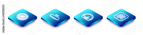 Set Isometric line Car wheel, mirror, Speedometer and Gear shifter icon. Vector