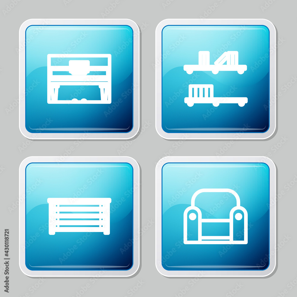 Set line Grand piano, Shelf with books, Chest of drawers and Armchair icon. Vector