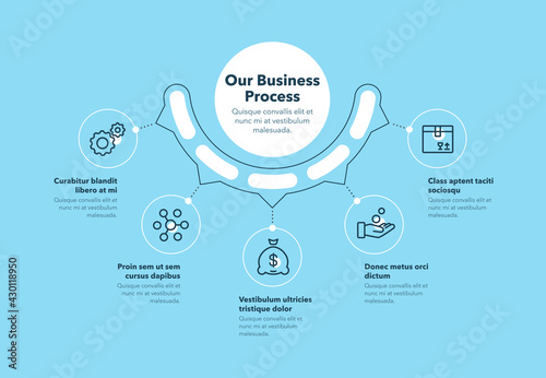 Simple concept for business process diagram with five steps and place for your description - blue version. Flat infographic design template for website or presentation.