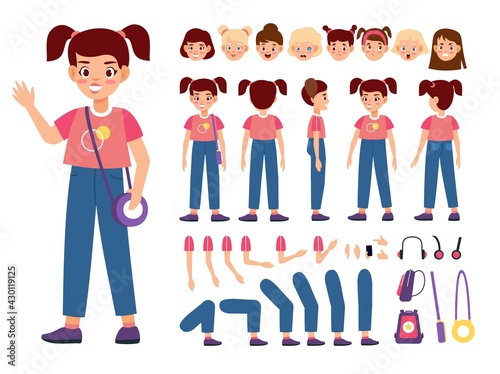 Child constructor. Happy girl with additional body parts and accessories, kid emotions and hairstyles, new poses, easy elements setting, collection for animation vector cartoon isolated set