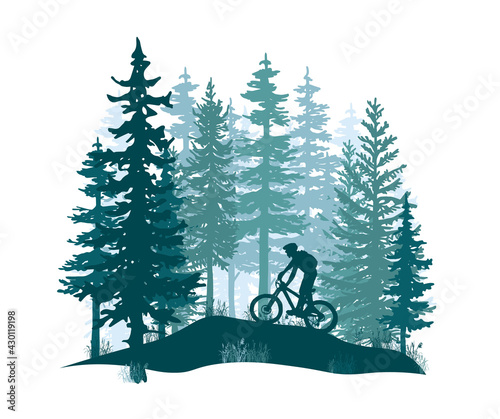Silhouette of mountain bike rider in wild nature landscape. Forest background. Blue illustration.