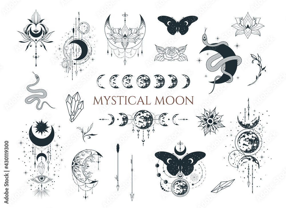 Mystical moon collection. Spiritual tattoo. Celestial prints. Stock Vector