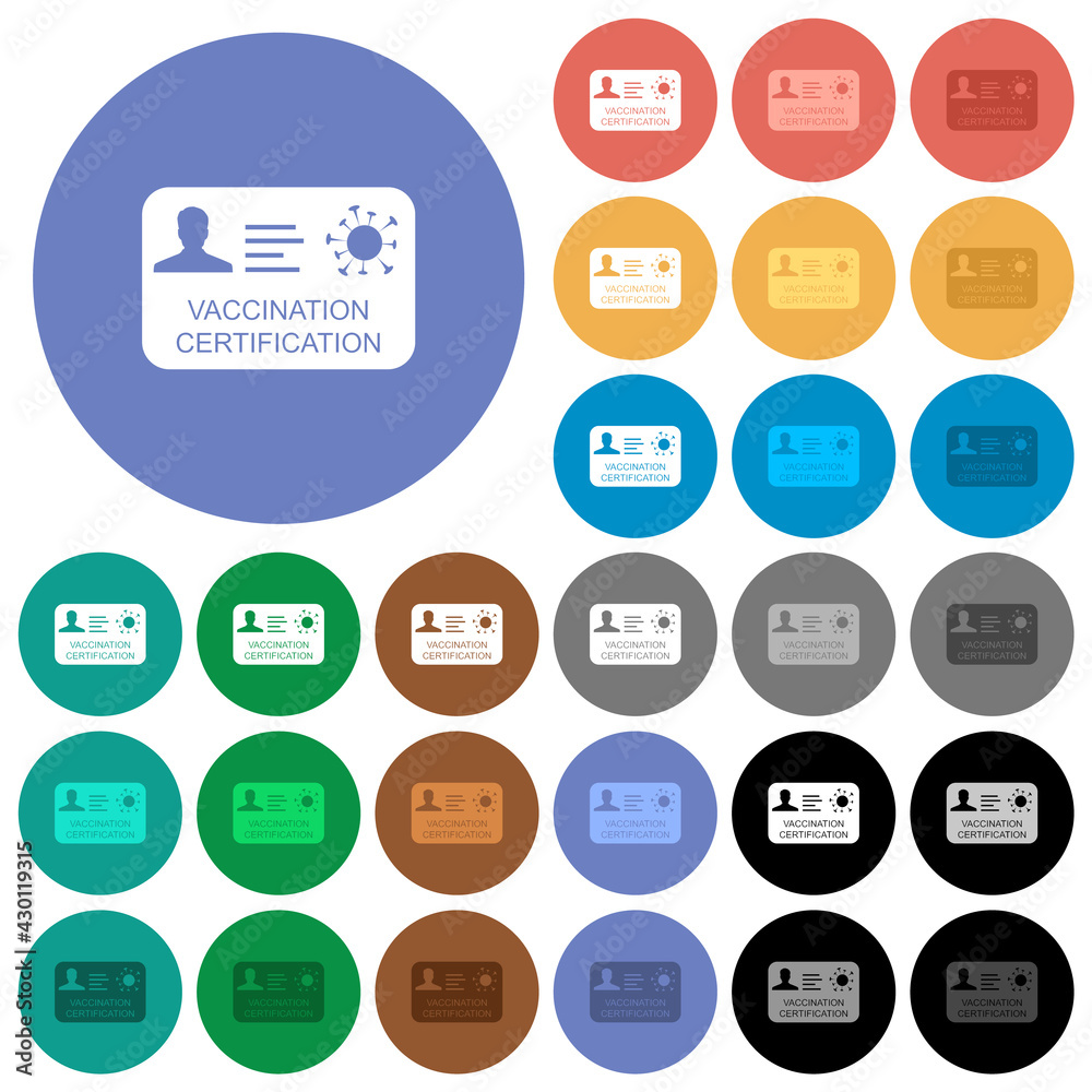 Vaccination certification round flat multi colored icons