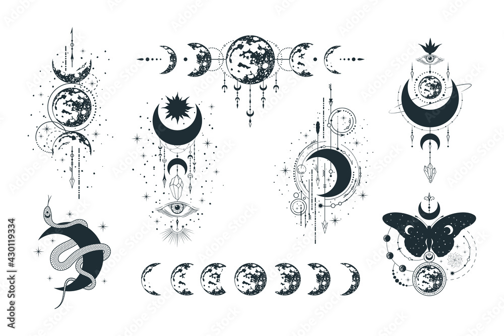 Celestial moon collection. Spiritual tattoo. Mystical lunar prints