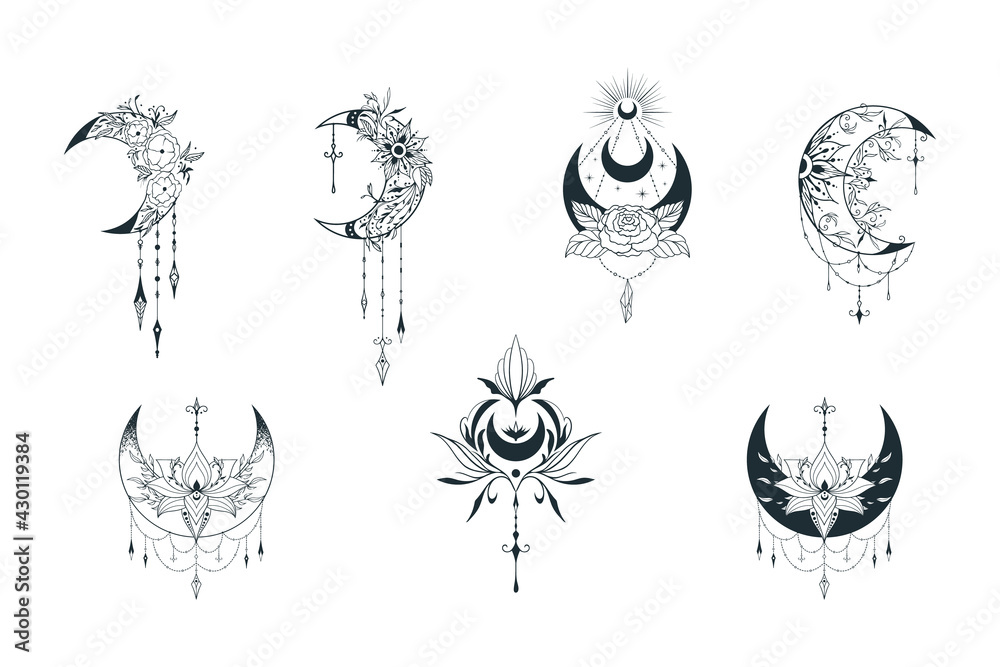 Mystical floral moon collection. Spiritual tattoo. Celestial lotus prints.  Stock Vector