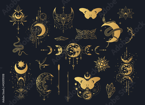 Mystical moon golden collection. Gold Spiritual tattoo. Celestial prints.