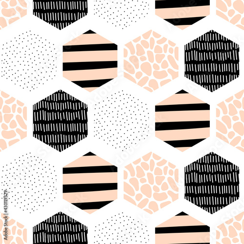 Seamless vector pattern abstract geometric hexagon shapes with hand drawn doodle texture. Repeating modern background honeycomb pattern pink black white for fabric, wallpaper, wrapping.
