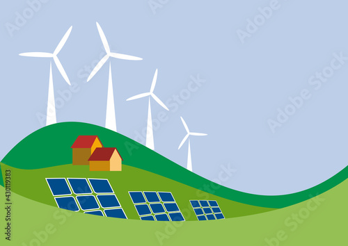 Vector sustainable development background. Houses in the hills with solar panels and wind turbines.