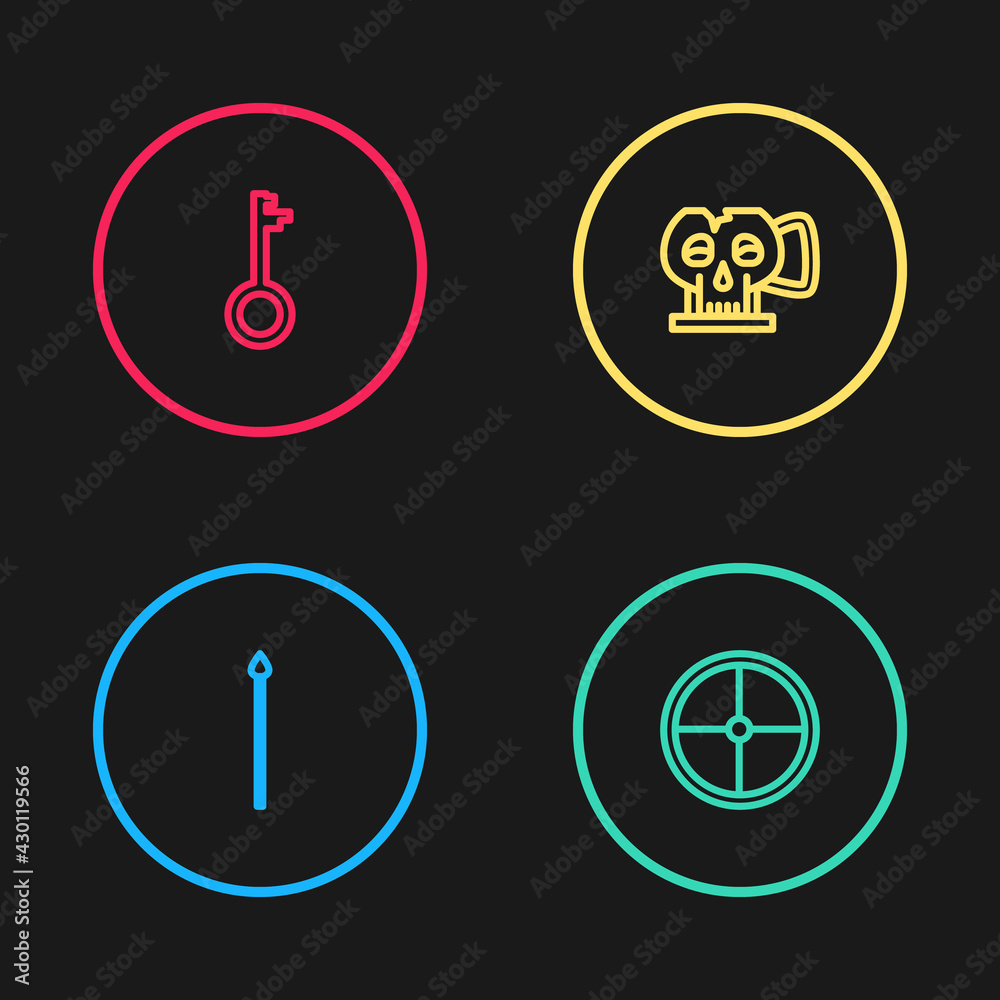 Set line Medieval spear, Round wooden shield, Cup from the skull and Old key icon. Vector Set line Medieval spear, Round wooden shield, Cup from the skull and Old key icon. Vector
